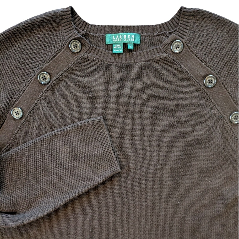 Lauren Ralph Lauren Brown Cotton Button Shoulder Sweater Womens 1X Equestrian